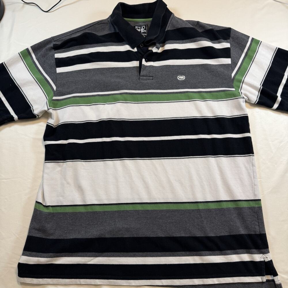 Ecko Unltd Mens 2XB Big Tall Striped Polo Shirt Gray Black Green Short Sleeve